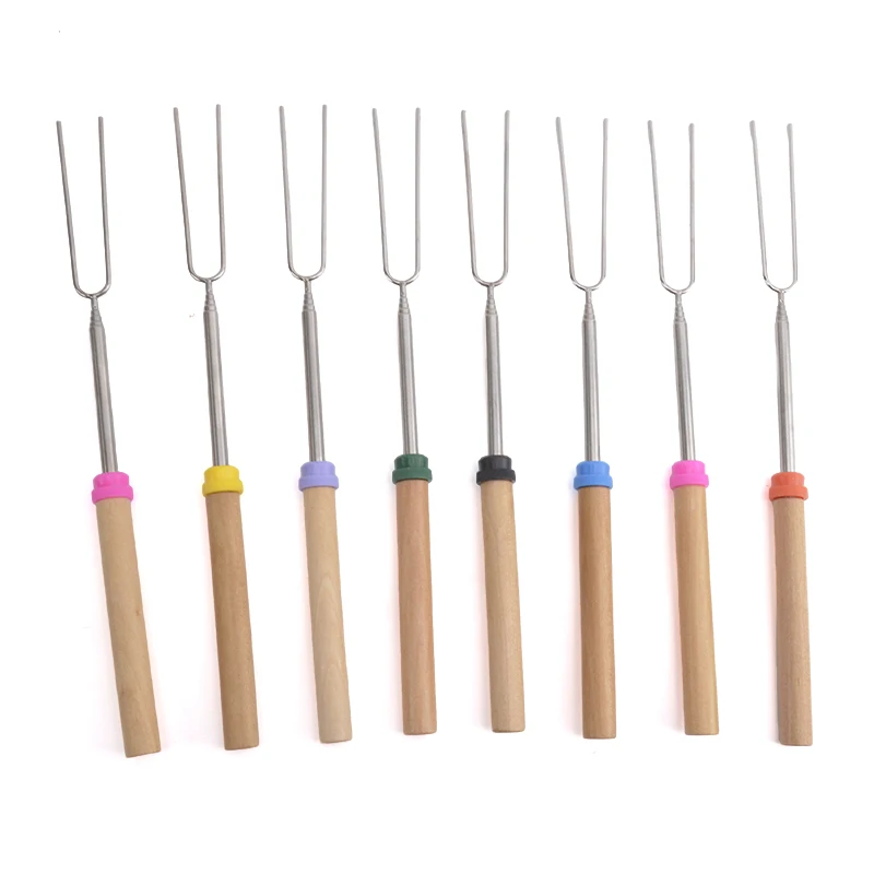 Professional Factory Telescopic Bbq Fork Marshmallow Roasting Sticks Smores Sticks With Wooden Handle 31 To 81cm
