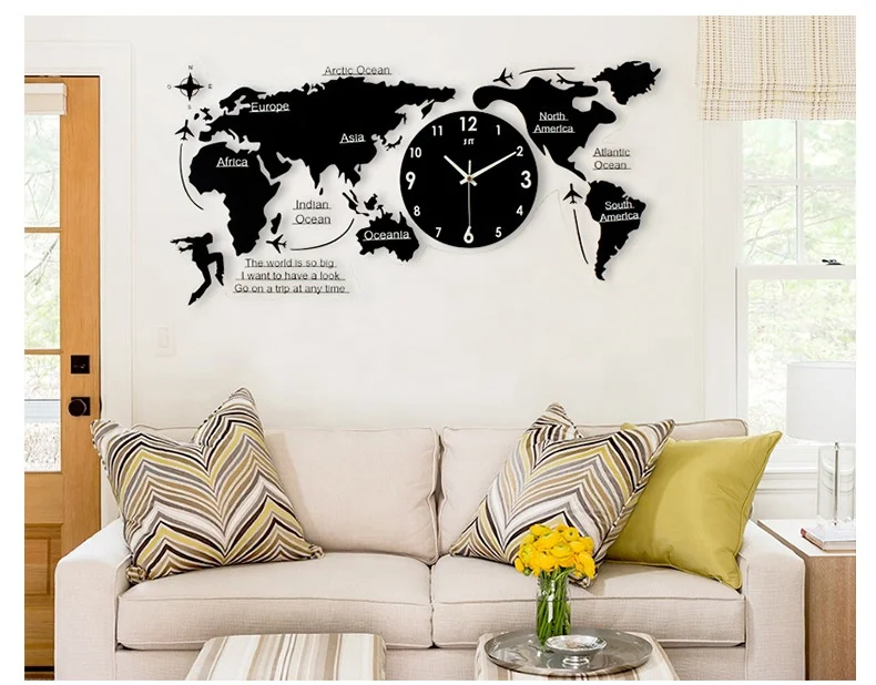 home office decor creative map design diy clear acrylic wall clock industrial