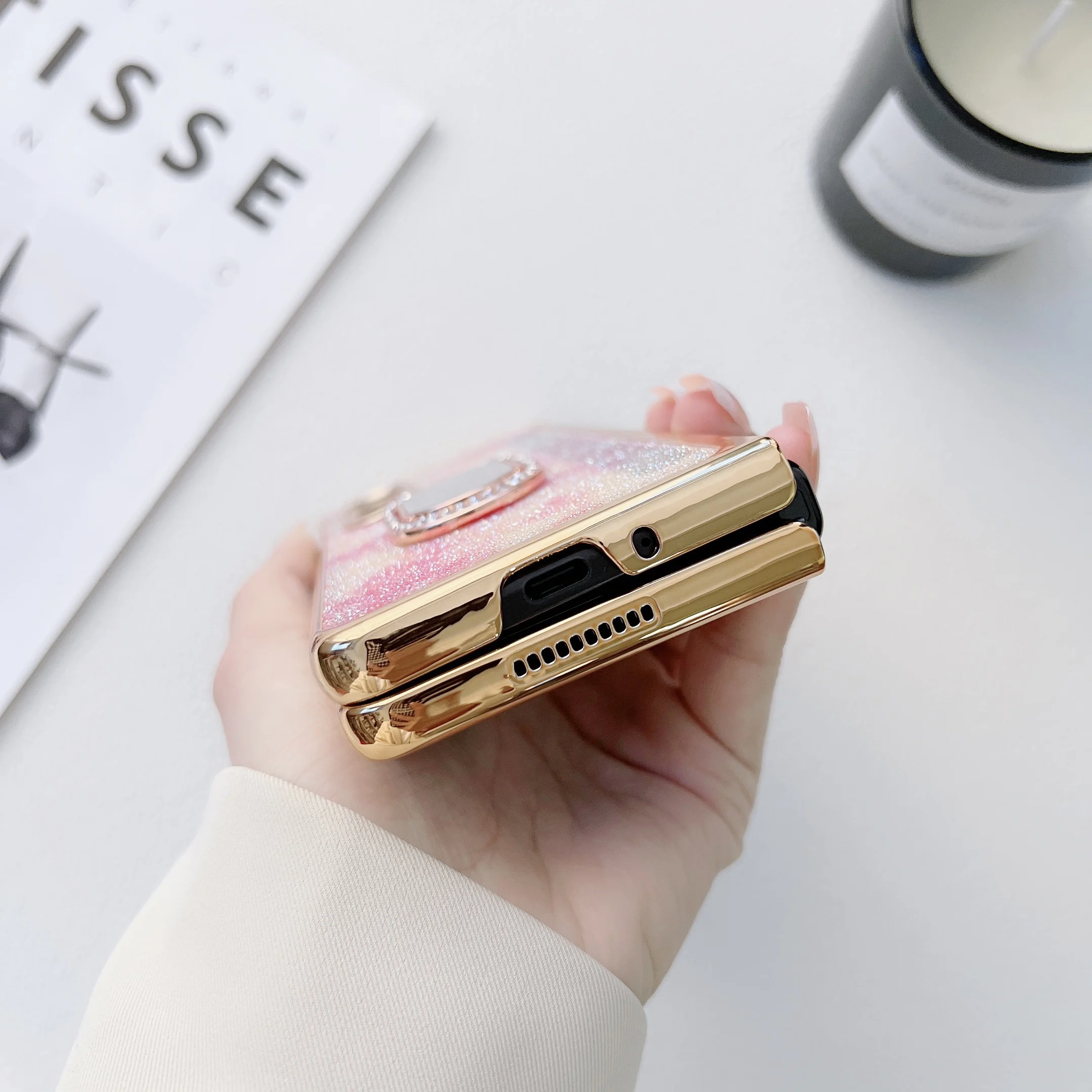 Luxury Glitter Case with Folding Mirror Ring Buckle Bling Phone Case Shell For Samsung Z Fold 3 Case