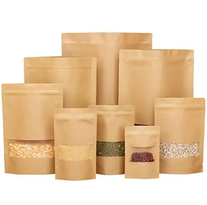 New Arrival Recycled customized stand up pouches dry food packaging brown kraft paper bags with translucent window