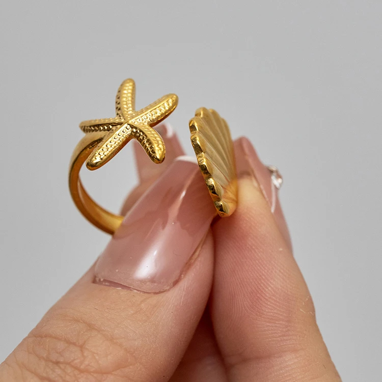 G2746 Wholesale Anillo Stainless Steel 18K PVD Gold Plated Tarnish Free Shell and Starfish Rings For Girls Fashion Jewelry Rings