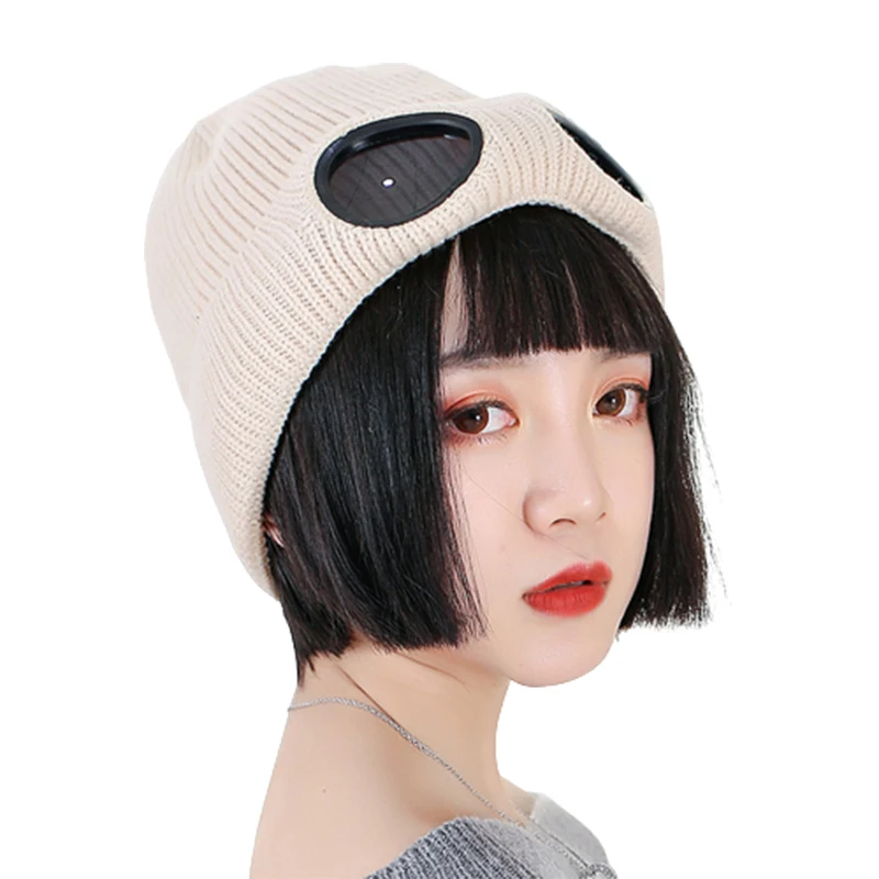 Solid color knitted beanie hat goggle lens windproof warm winter skull cap with sunglasses outdoor sport ski hat for girls women