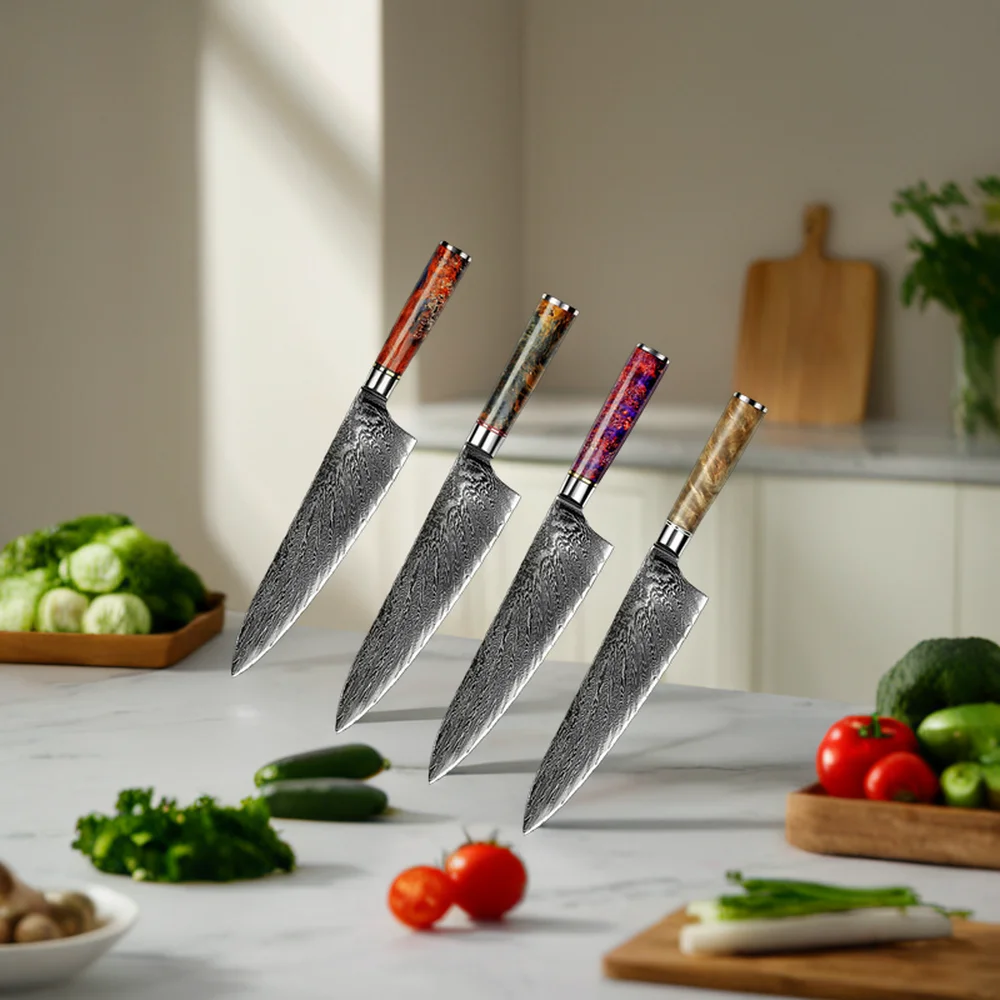 7.7 Inch Blade Damascus Chef Knife Set Luxurious Moroccan Design VG10 Steel Wood Handle Professional Kitchen Office Laser Logo