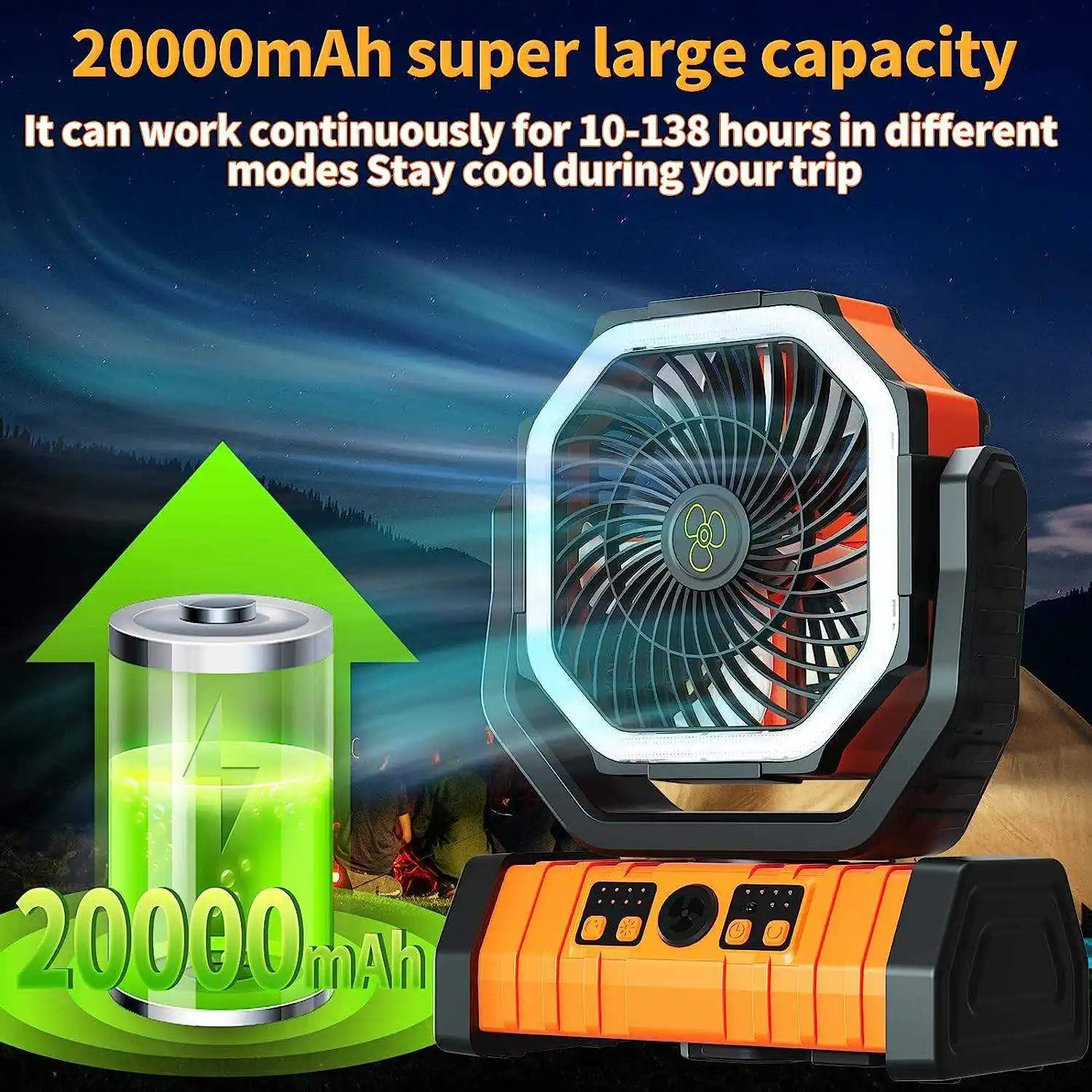 20000mAh Portable Rechargeable Fans Outdoor Camping Fan USB Table Fans With LED Light Power Bank For Camping Outdoor Indoor