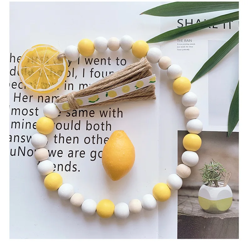 Summer Fruits Style Wood Bead Garland With Tassels & Lemon Tag For Wall Hanging Decor,Tiered Tray Decor
