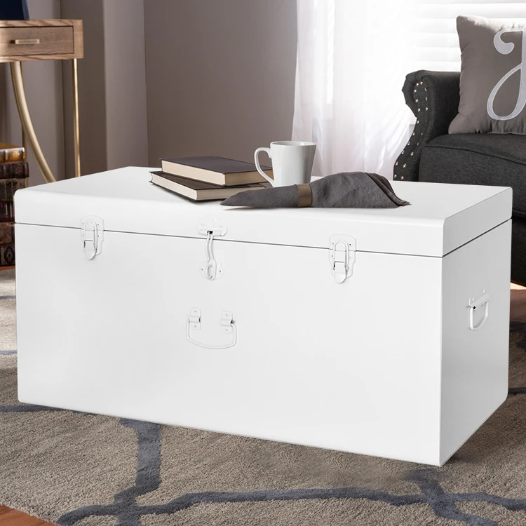 Custom large long trunk coffee table White set of 3 metal handles trunk box decor storage metal trunks