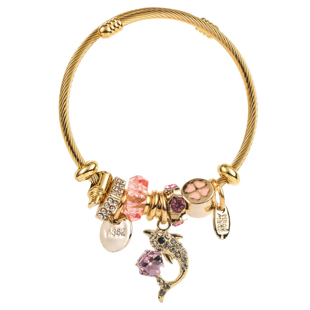 Wholesale Stainless Steel Crystal Bead Bangle Gold Plated Custom Animal Dolphin Charm Bracelet For Girls