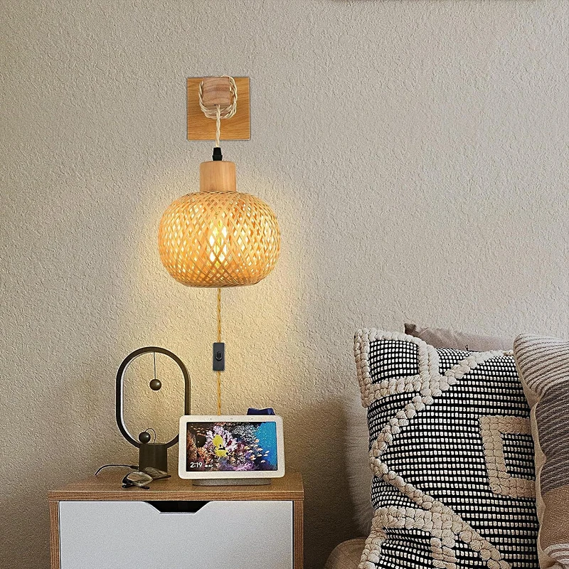 American Standard Customized Wall Hanging Suspension Adjustable Twisted Hemp Weaving Cord Bamboo Wood Wall Lamp
