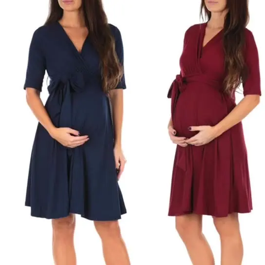 Plus Size Women Clothing V-neck Maternity Wrap Self-tie Waist Dress Breastfeeding Clothing Pregnant Casual Sexy Dress