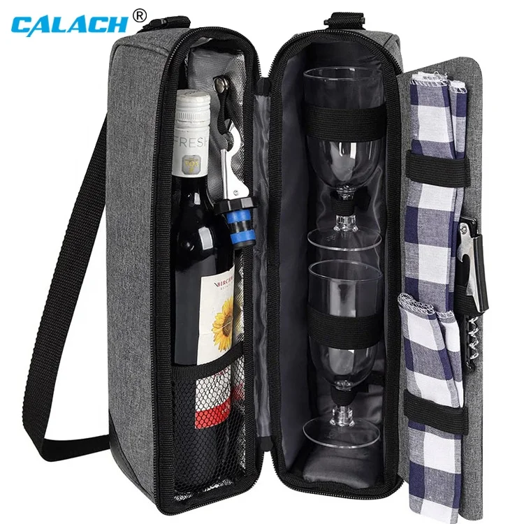 Eco Friendly Freezable Wine Tote Bag With Cooler Compartment Picnic Set Carrying Two Sets of Tableware With Shoulder Strap