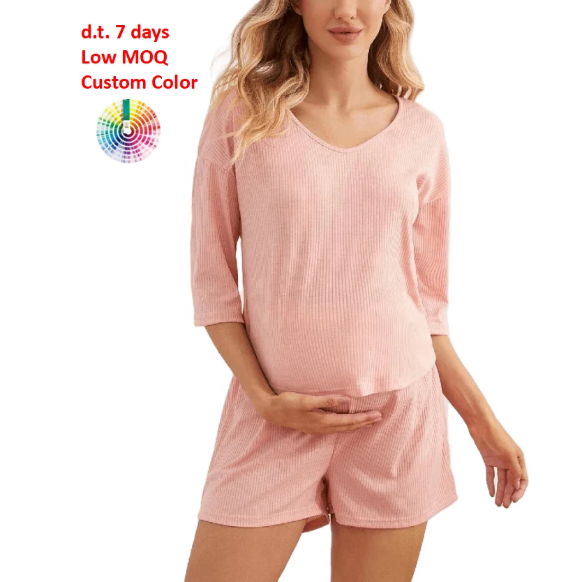 
M043 Pregnant Clothes Adjustable Waist Knit Loungewear 2 Piece Maternity Pijama Short Set 