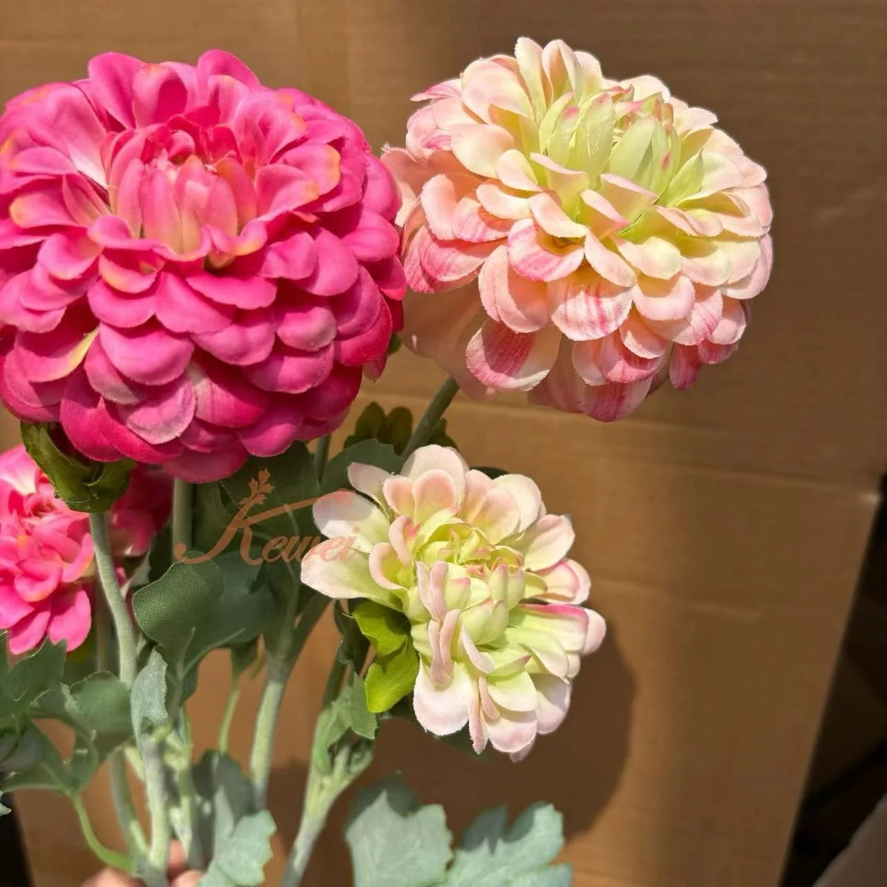 KEWEI-J845 Flocked Stem Artificial Dahlia Flowers Real Touch Chrysanthemum Artificial Flower Pink Real Touch Dahlia Flower