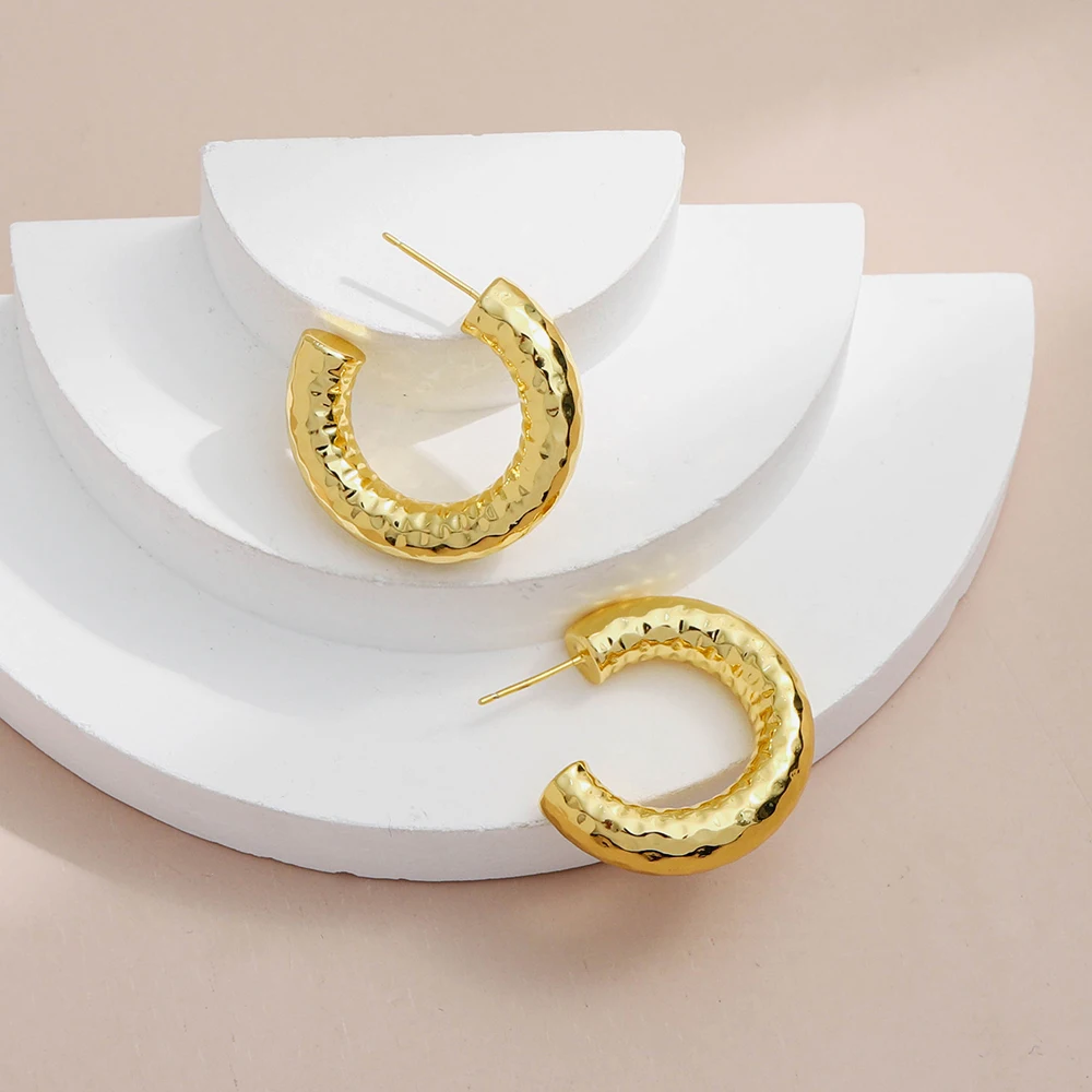 Custom Fahion Women jewelry 2024 14k Gold Plated Hammered Brass Earring Textured Hoop Earring