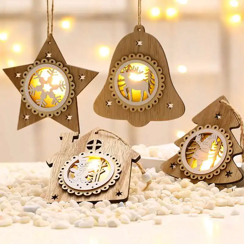 2021 Happy New Year Christmas Ornaments LED Light Glowing Wooden Christmas Tree Pendant Christmas Decorations for Home Xmas Gift