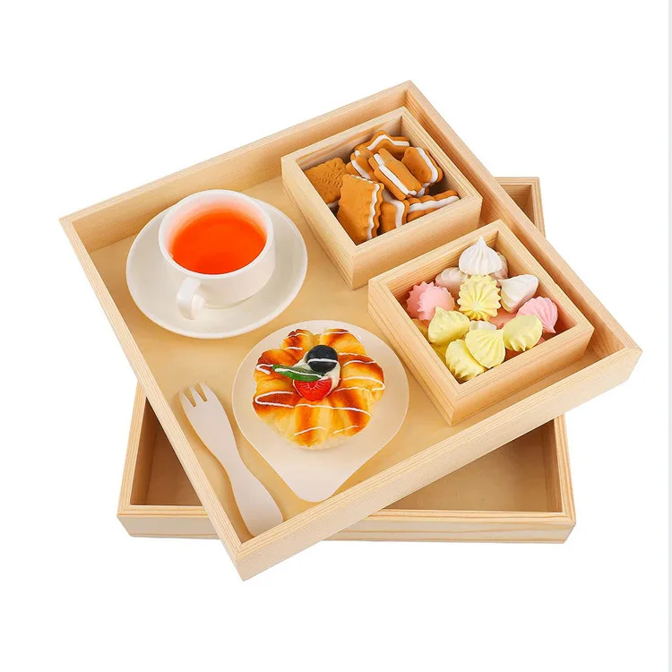 Rectangle Wood Bamboo Serving Tray Set with Handle for Serving Food