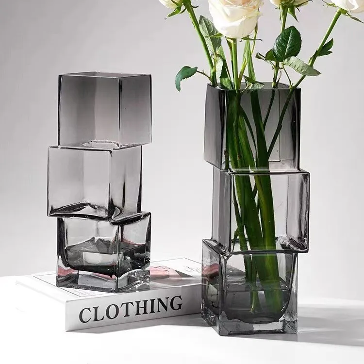 Centerpiece Square Glass Vase Decorative Colored Clear Glass Flower Vase Home Decoration Round Vase