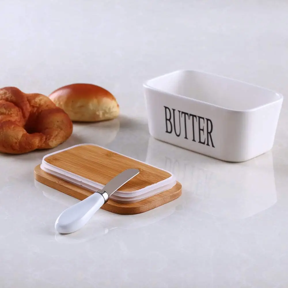 Hot Sale Large Ceramic Countertop Butter Container Ceramics with Wood Lid Kitchen-Friendly Butter Keeper Tray  for Food Storage