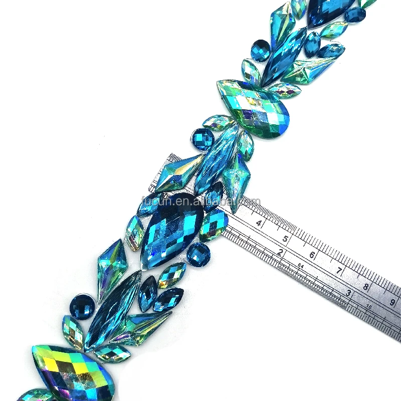 Customized Designs Hot Fix Rhinestone Fabric Mesh Crystal Rhinestone Appliques Iron On Trims For Carnival Band Club Wear Dress