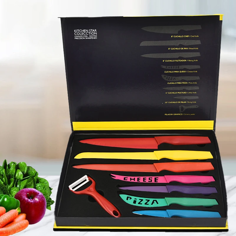 Royal stainless steel non stick coating 8 pcs color swiss line chef knife set with colored handle