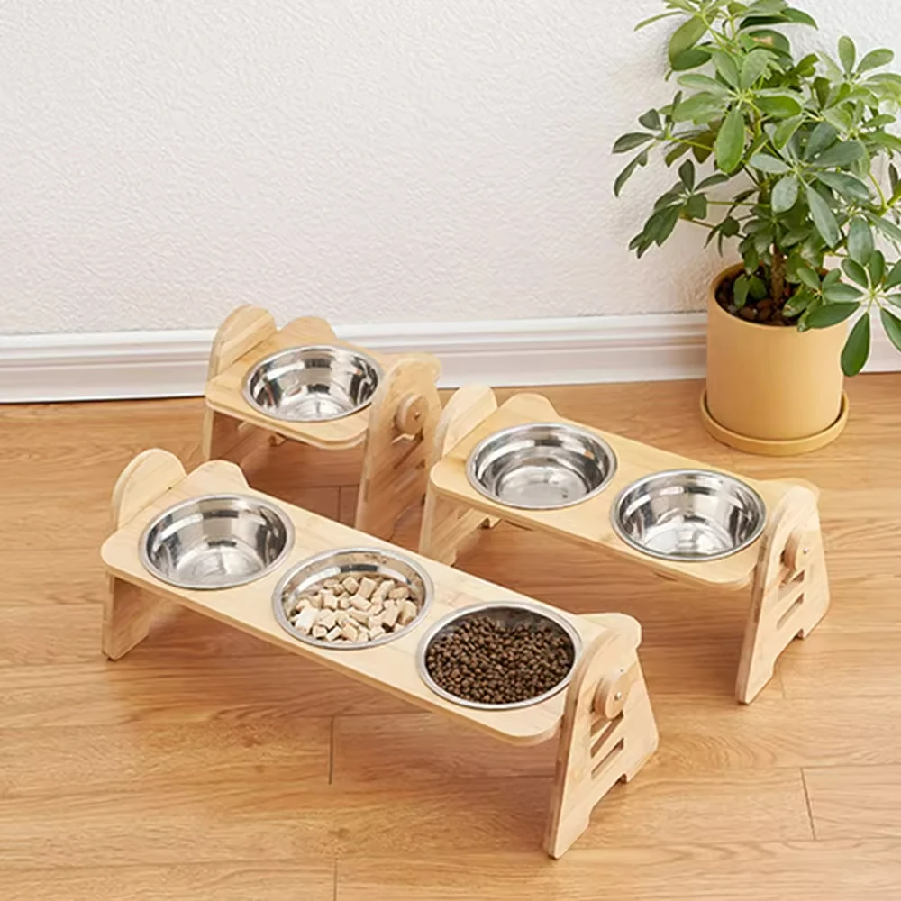 2024 Hot selling Customized Adjustable Bamboo  Dog Cat Food and Water Bowls Stand Feeder