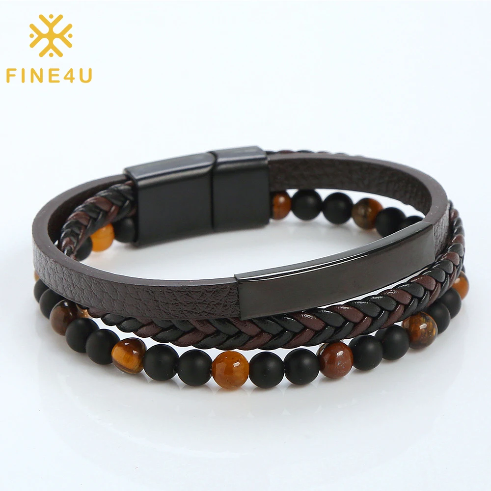 High Quality Stainless Steel Jewelry Magnetic Clasp Custom Bar Braided Bead Tiger Eye Agate Leather Bracelet For Men