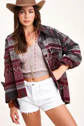 Vintage Geometric Printing Patterns Demin Jacket Woman Color Block Pockets Jeans Jacket Coat for Women 2021