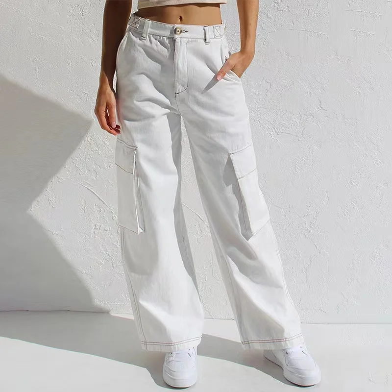 Europe and America Cross Border Foreign Trade Supply Multi-color Straight Workwear with Pocket Denim Trousers for Women Cotton