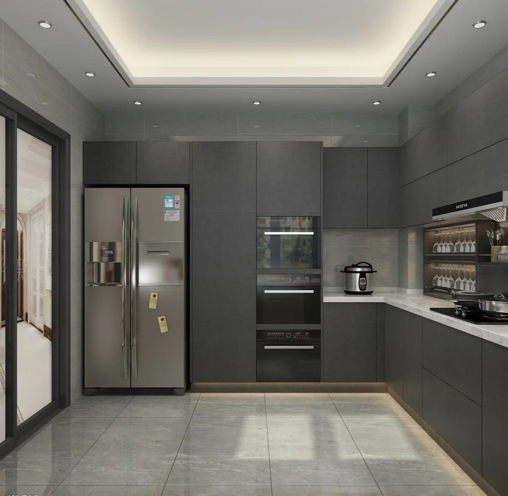 Изготовленный на заказ меламиновая доска серый МДФ лак двухсторонний кухонный шкаф с раковиной из нержавеющей стали