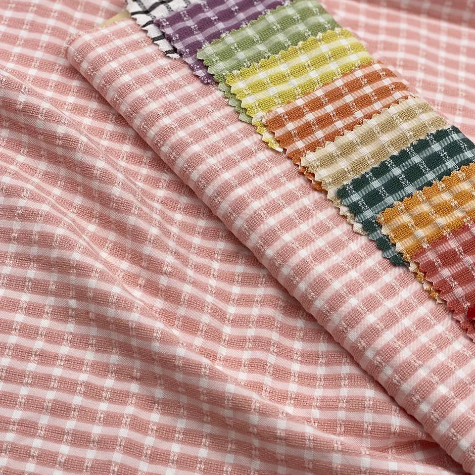 Woven kids child yarn dyed 225gsm dobby jacquard poly viscose rayon suiting white pink multi check gingham fabric