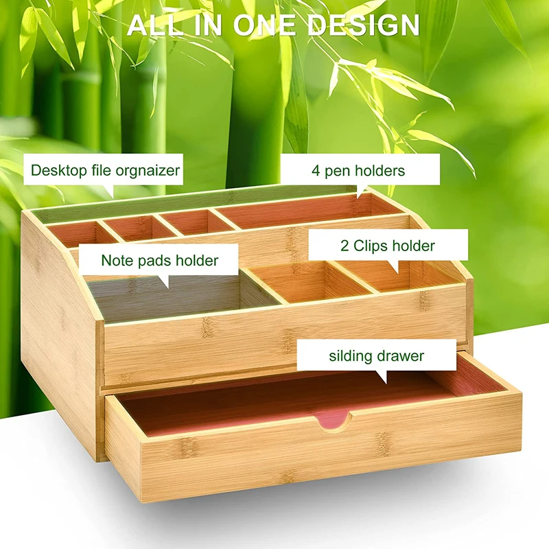 9 Compartments Storage Caddy Bamboo desk organizer with drawer  for Home Office Supplies