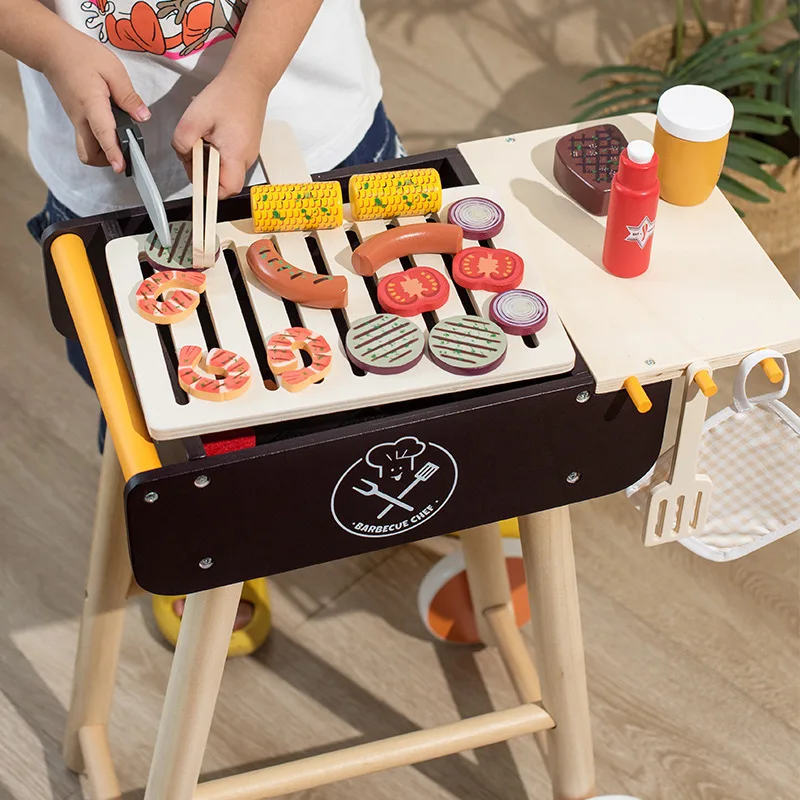 New Cooking Food Pretend Barbecue Trolley Toy Kids BBQ Cart Tool Wooden Role Play Toys Wooden Kitchen Set Game Gift for Children