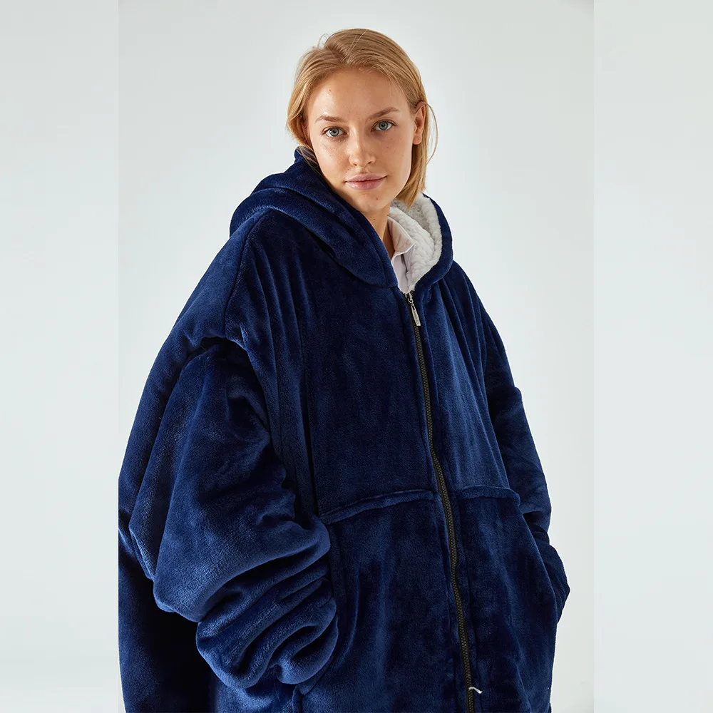 2022 Winter New Design Fashionable Oversize Comfy zipper soft Family Fleece Flannel Wearable Lazy Blanket Hoodie