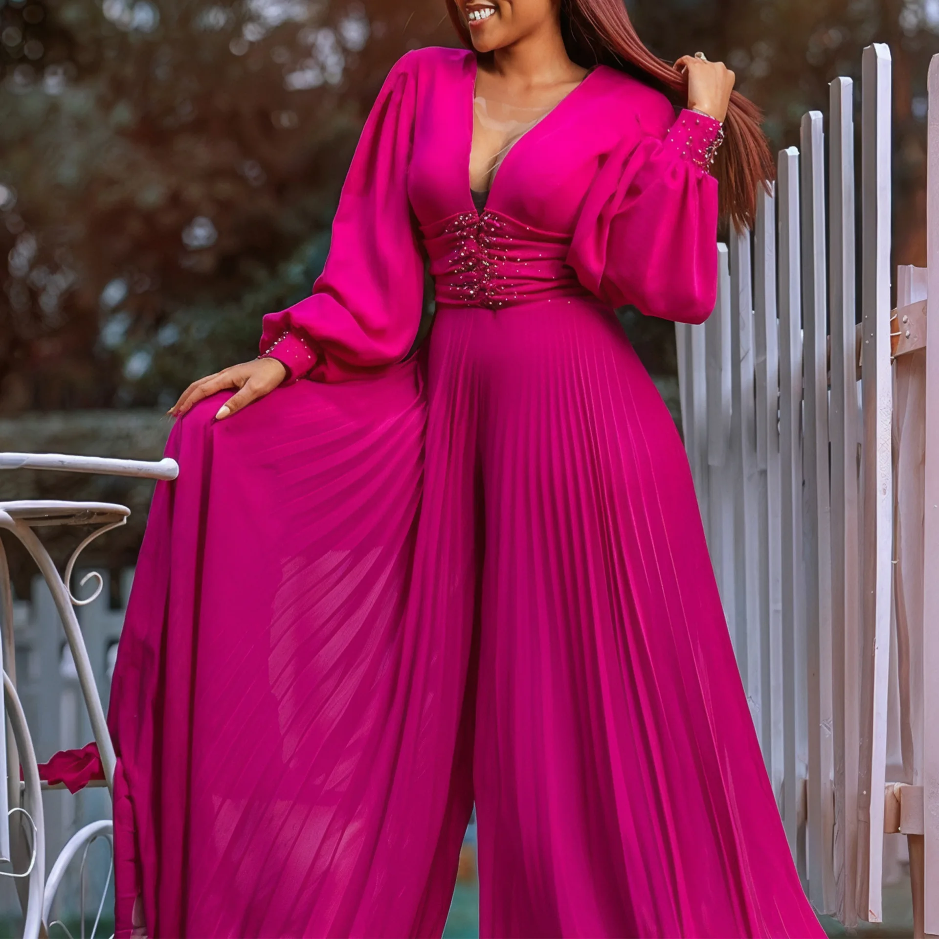 Club party new arrivals plus size women clothing elegant loose wide leg jumpsuit beading elegant white pleated jumpsuit