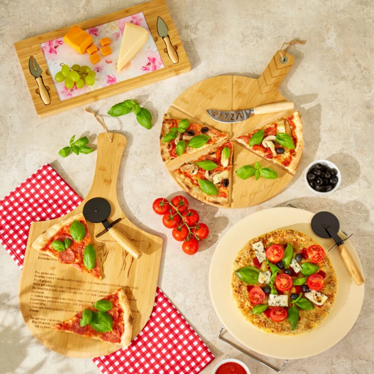 Custom eco friendly natural round serving board bamboo slice pizza board tray set with handle, pizza bamboo cutting boards
