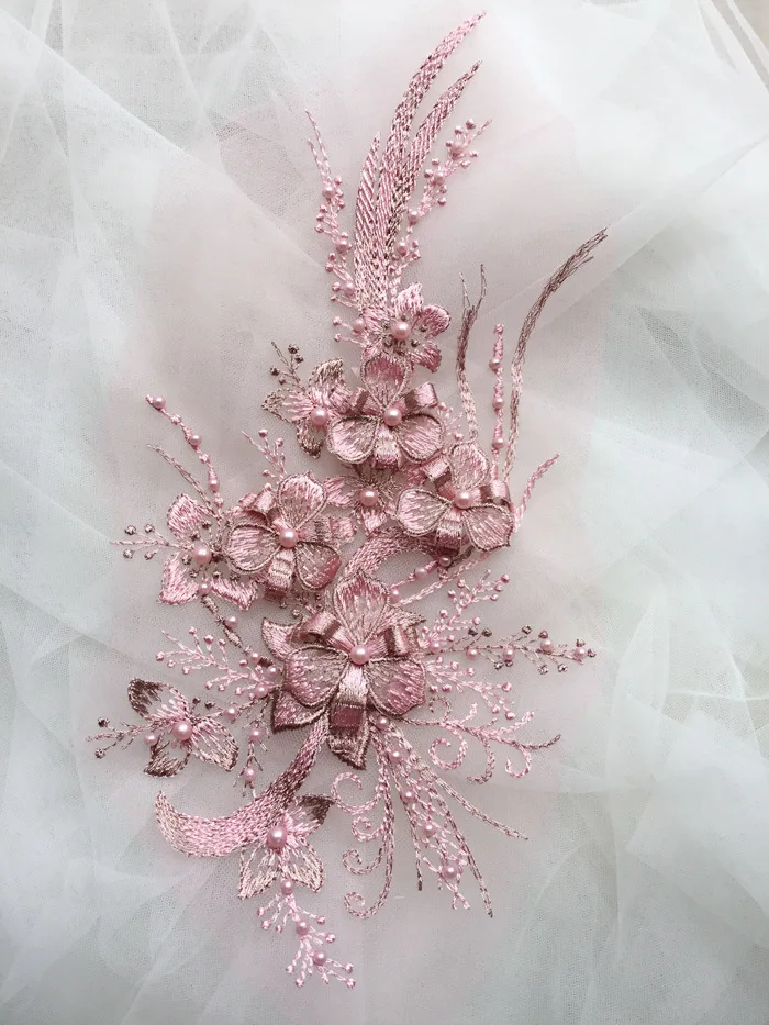 3D Flower Applique Beaded Sequins Flower LACE Patch Embossed Beading lace Appliques Mot For Bridal Wedding Dress