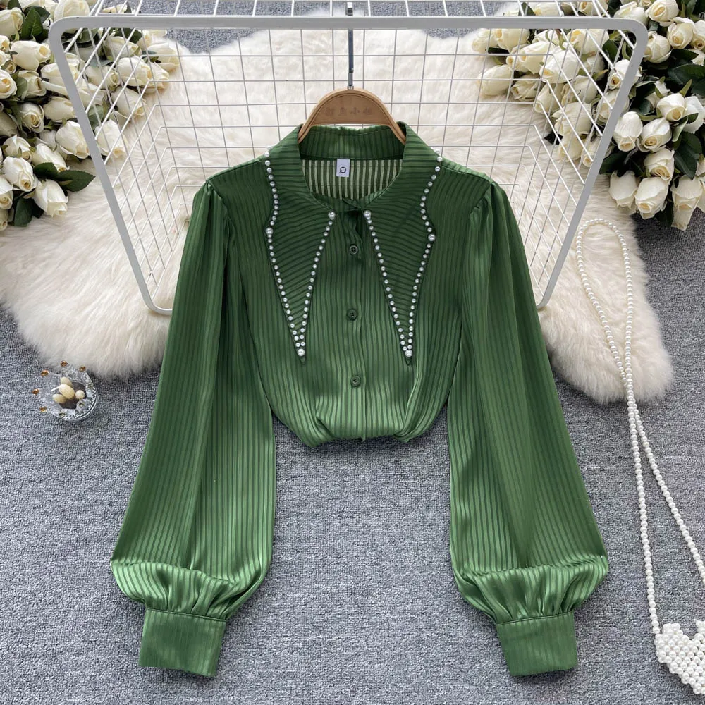 Autumn Full Sleeve Shirts Women Solid Beading Casual Blouse Ladies Elegant Clothing Clothes Women Wholesale