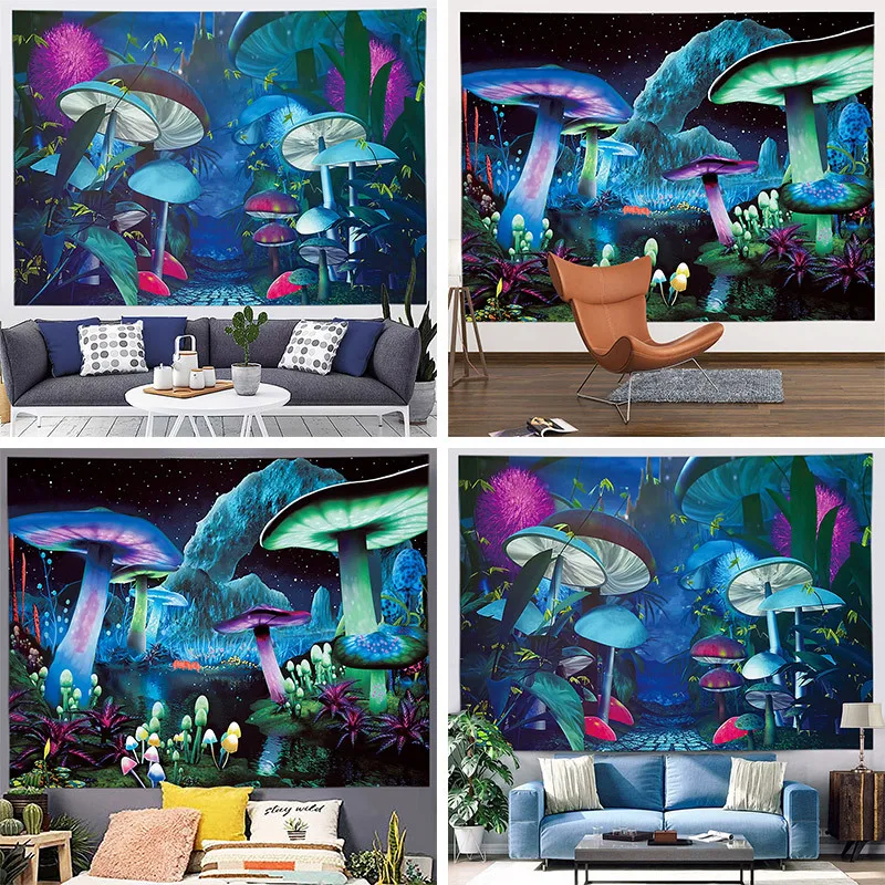 Bedroom New Design Psychedelic Plants Starry Night Wall Hanging Black Light Poster Mural Trippy Mushroom Tapestry For Decoration
