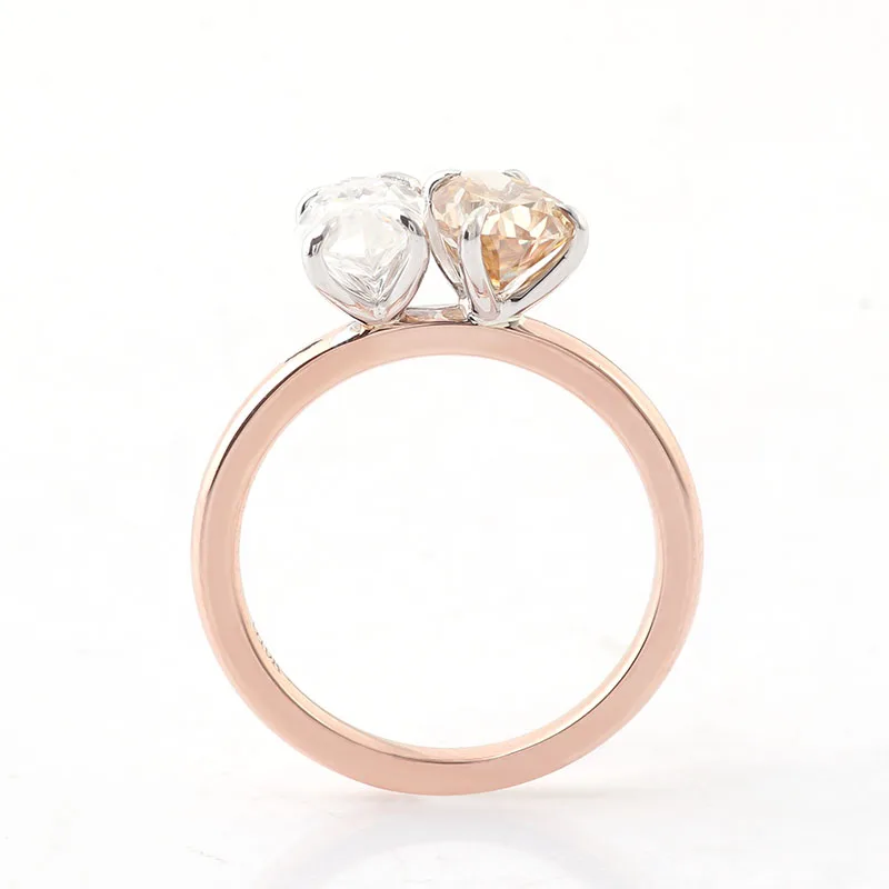 Toi et moi ring claw prong setting white and champagne loose moissanite diamonds ring in 14k 18k