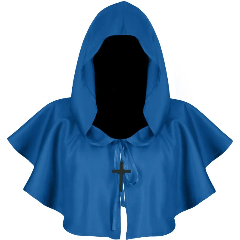 Unisex Adult Child Medieval Costume Hooded Cape Short Cloak Black White Blue Red Halloween Costumes Coat Fancy Dress Accessories