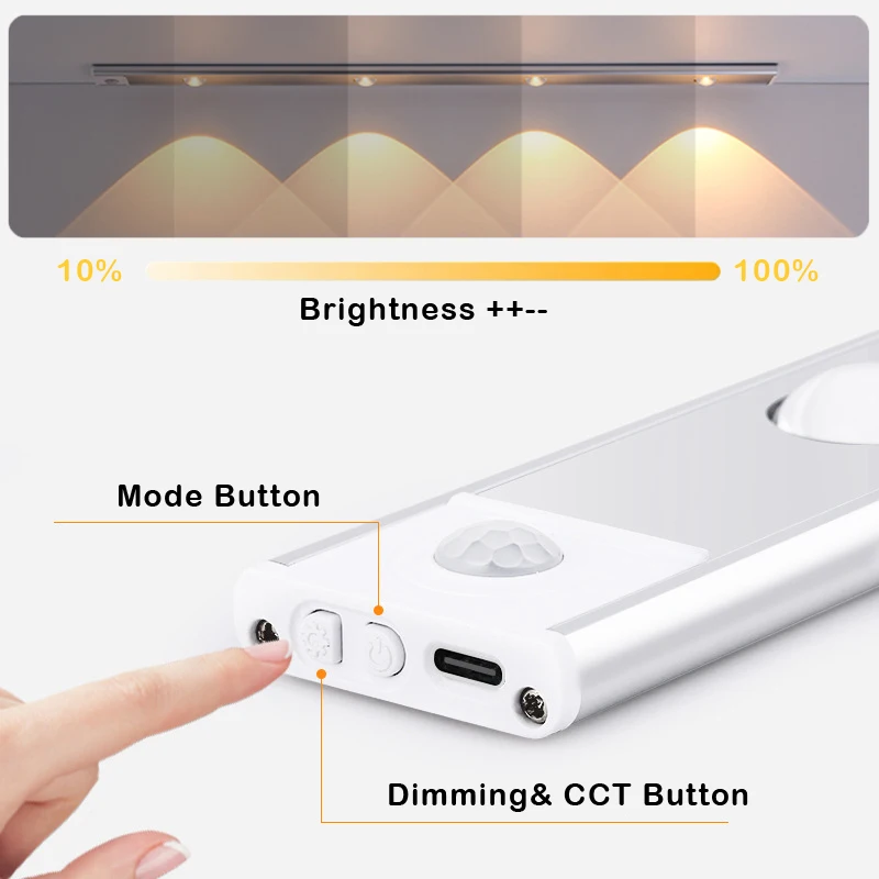Under Cabinet Lights LED Motion Sensor Light USB Rechargeable 3 Color Modes Dimmable Hill Light for Kitchen Wardrobe Closet
