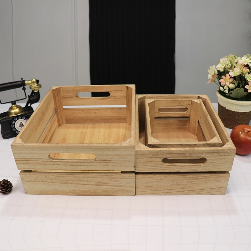Home Decor Handmade 3 pcs Stackable Vegetable Fruit Open No Lid Organizer Paulownia Wooden Storage Crate Box