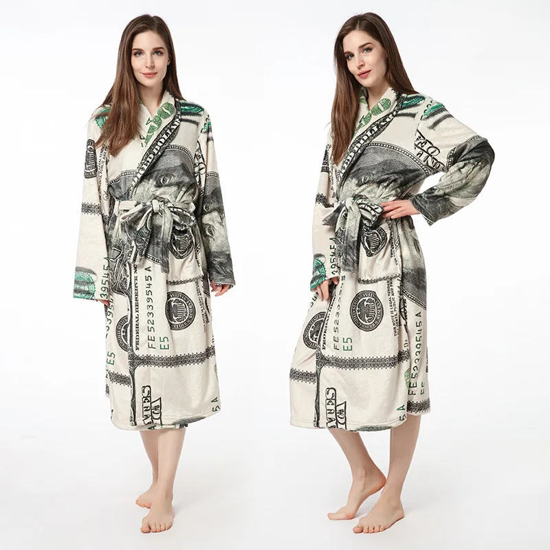 designer pyjamas women OEM ODM Wholesale Custom Winter Dollar Printed Long Robe With Hoodie Comfy Warm Flannel Pajamas