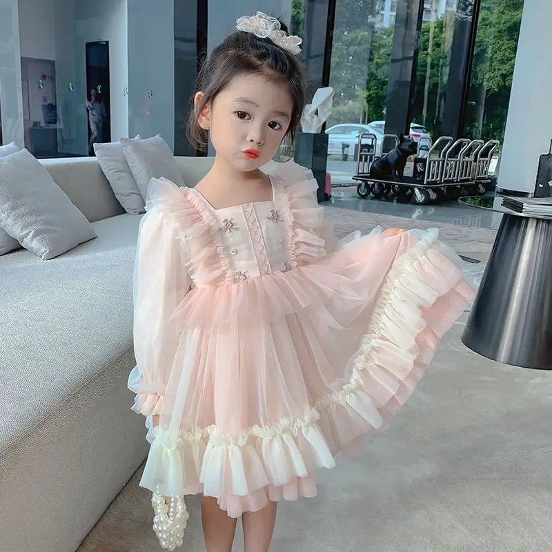 Pink 3d Lolita Style Flower 2 year old   Kids Toddler Little Girls Dresses Autumn Lace tutu Girls Princess Dresses