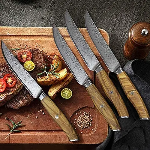 Olive wood handle Japanese AUS-10 damascus steel VG10 steak knife set with bamboo wood box