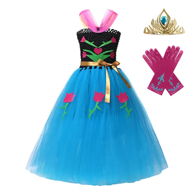
New Elsa Anna Tutu Dresses Girls Snow Queen Princess Party Costume Little Girls Birthday Fantasy Child Role Play Elsa Frocks 