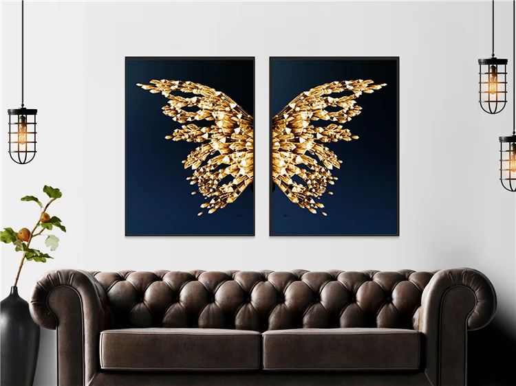 2 panels canvas art print gold butterfly wall painting  for  dinning room home hotel cafe decoration