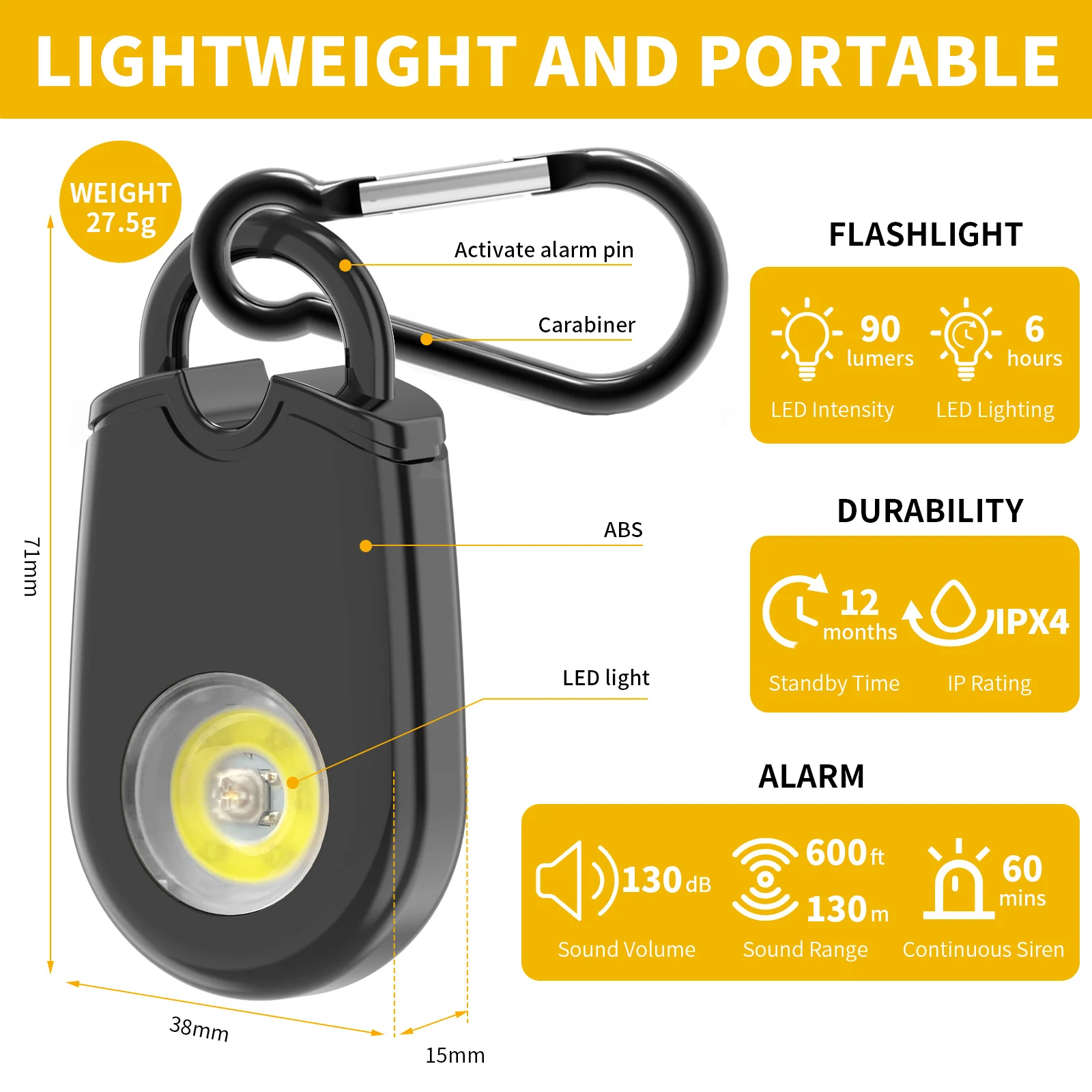 Keychain Personal Alarm with LED Emergency Light Protection Alarm for Children Women Elder