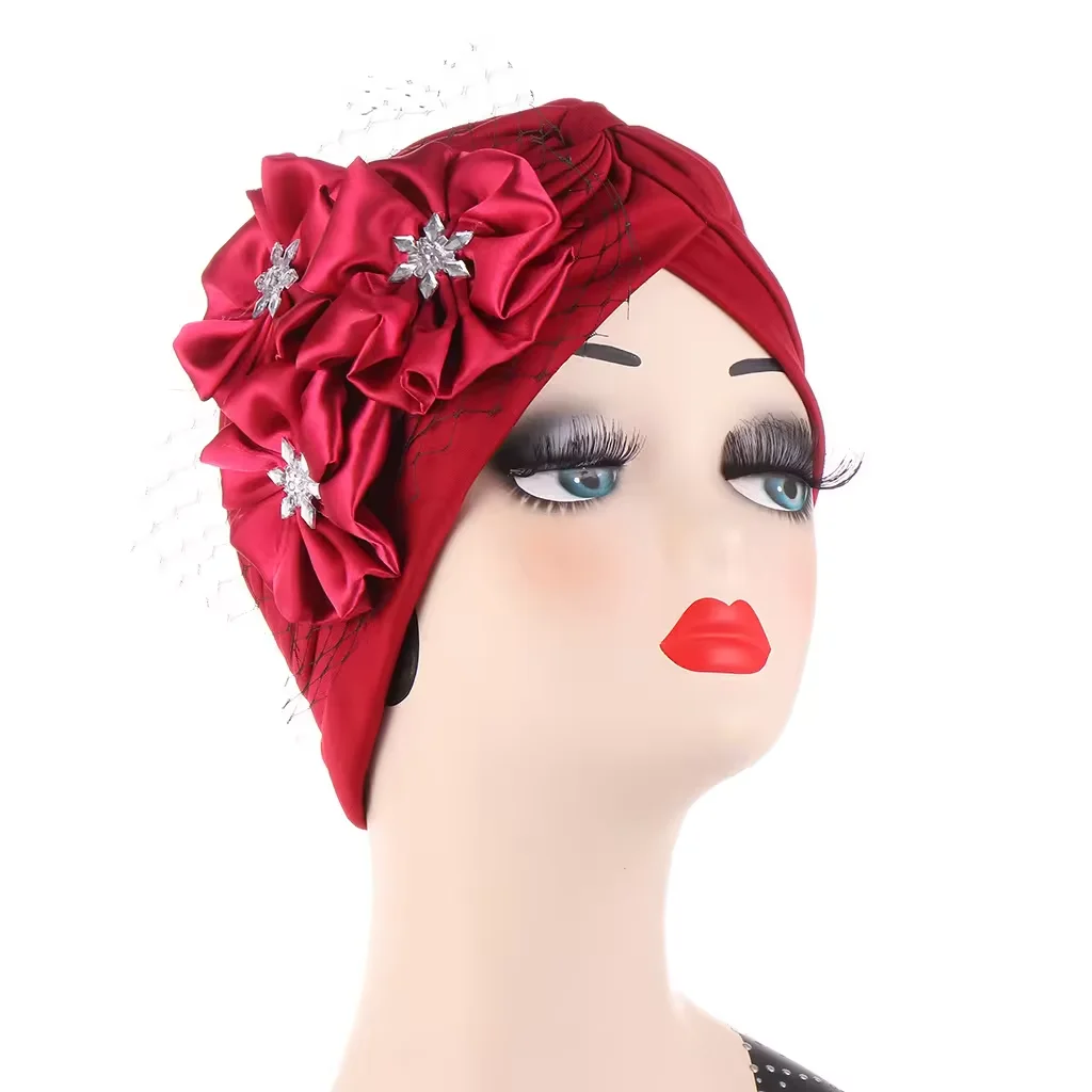 TB-337 Fashion Mesh Three-Flower Hood Decorative Party Caps Indian Beanie Hat Arab Muslim Women Head Turban Hat