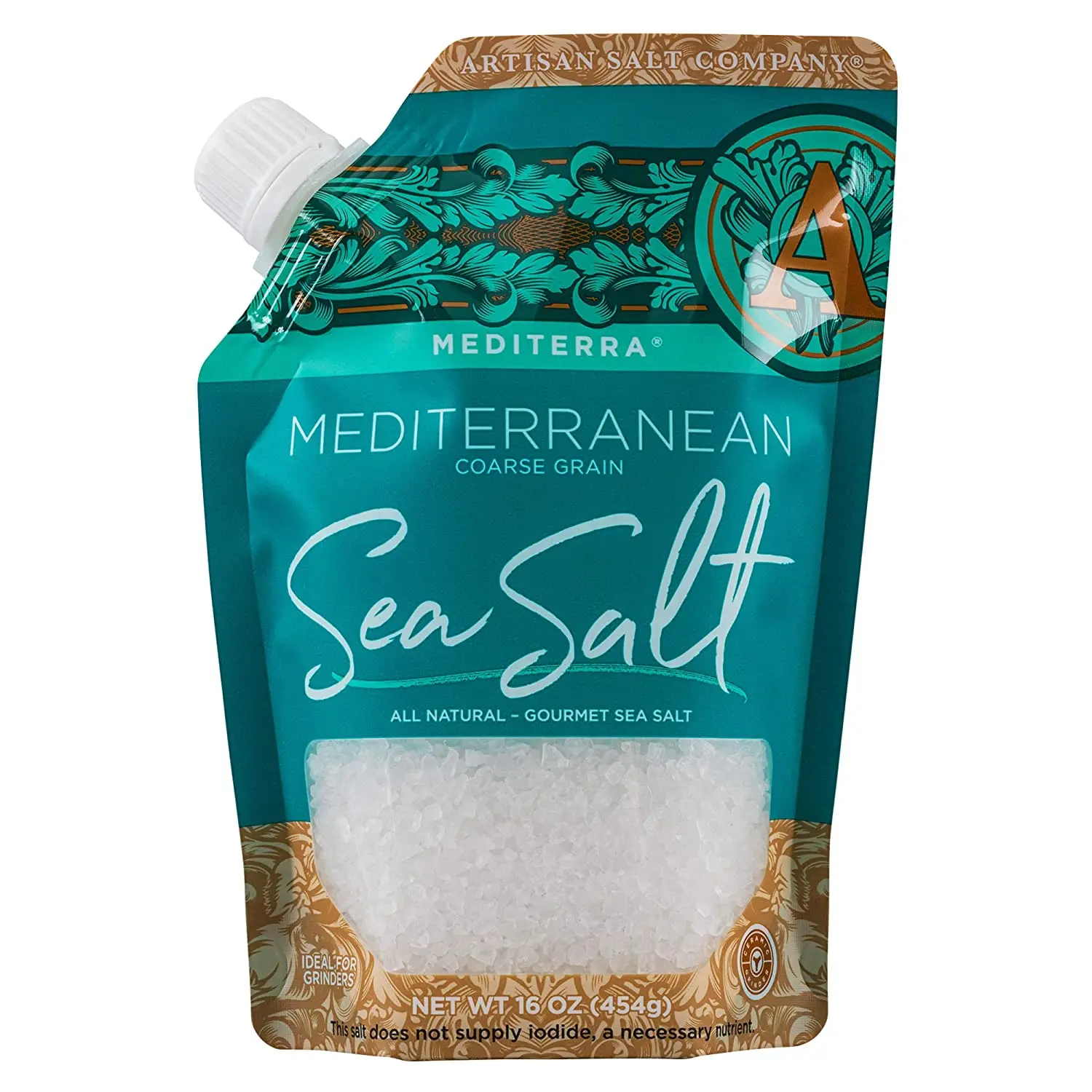 Custom Design Logo Organic Pack Bag All Natural Artisan Pour Spout Pouch 16 Ounce Coarse Grain Mediterra Mediterranean Sea Salt