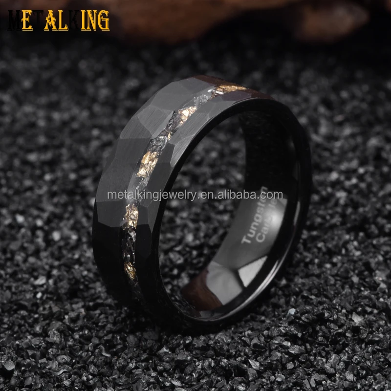 8mm Genuine Meteorite Shavings and Gold Foil Inlay Black Hammered Tungsten Rings for Men Engagement Wedding Bands Comfort Fit